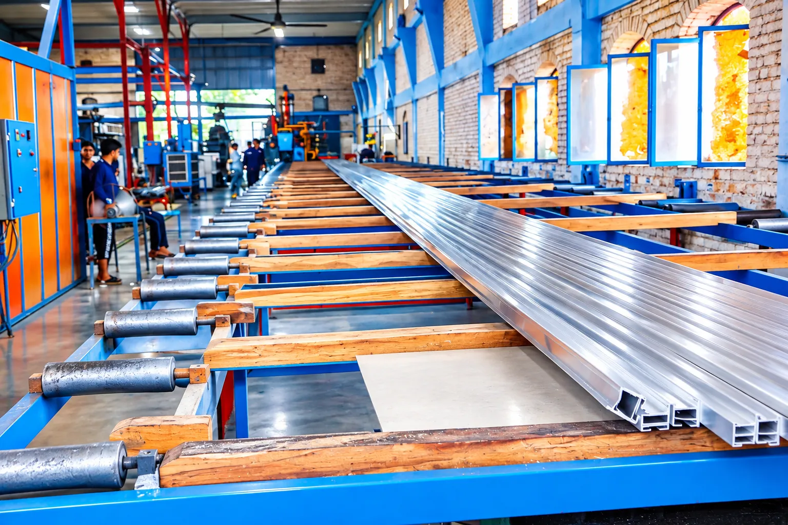 Aluminium extrusion line with profiles on the production conveyor at Pak Alumex