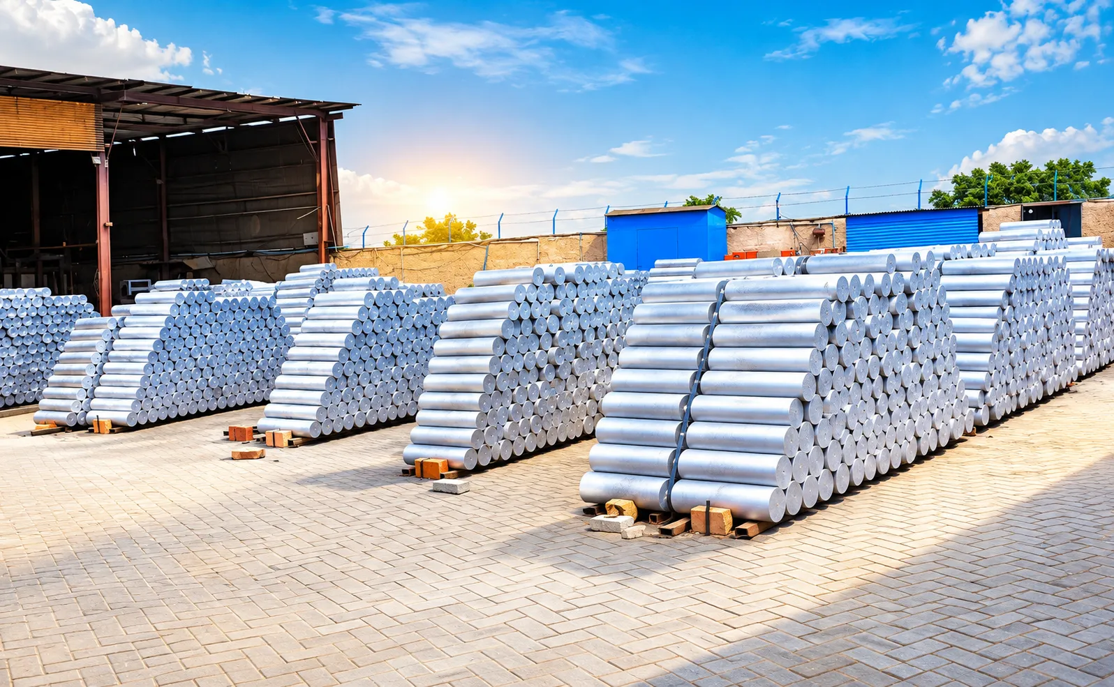 Outdoor rows of stacked aluminium billets under a clear sky