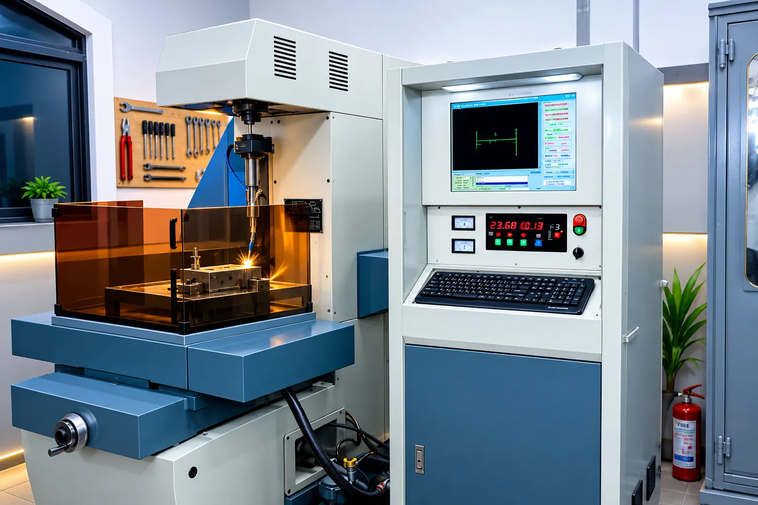 Precision CNC machining station with control console